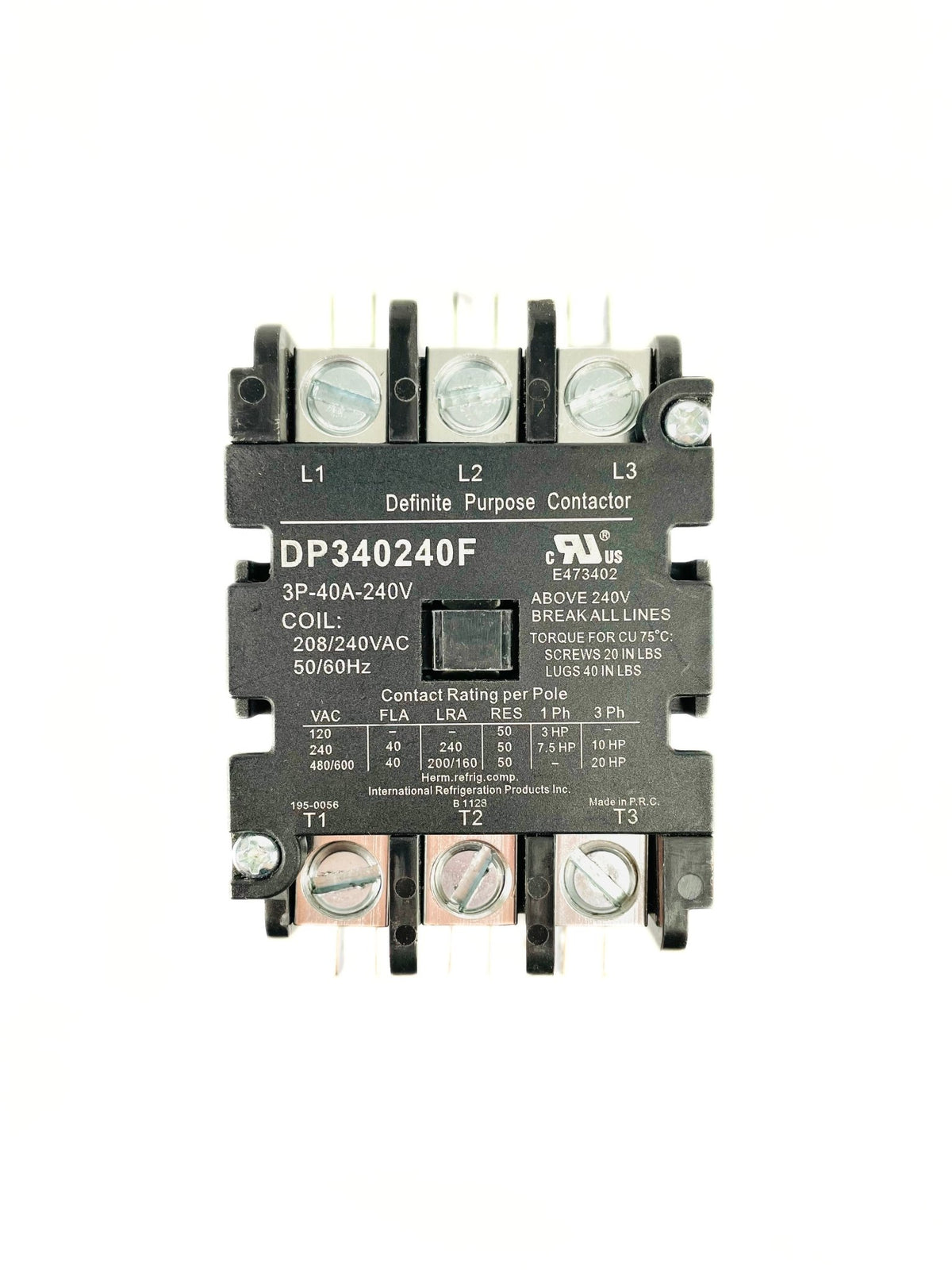 IRP 3 Pole 40 Amp 240V Definite Purpose Contactor DP340240F