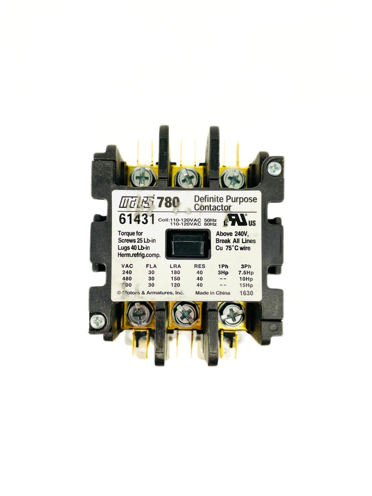 Mars 3 Pole 30 Amp 120V Definite Purpose Contactor 61431