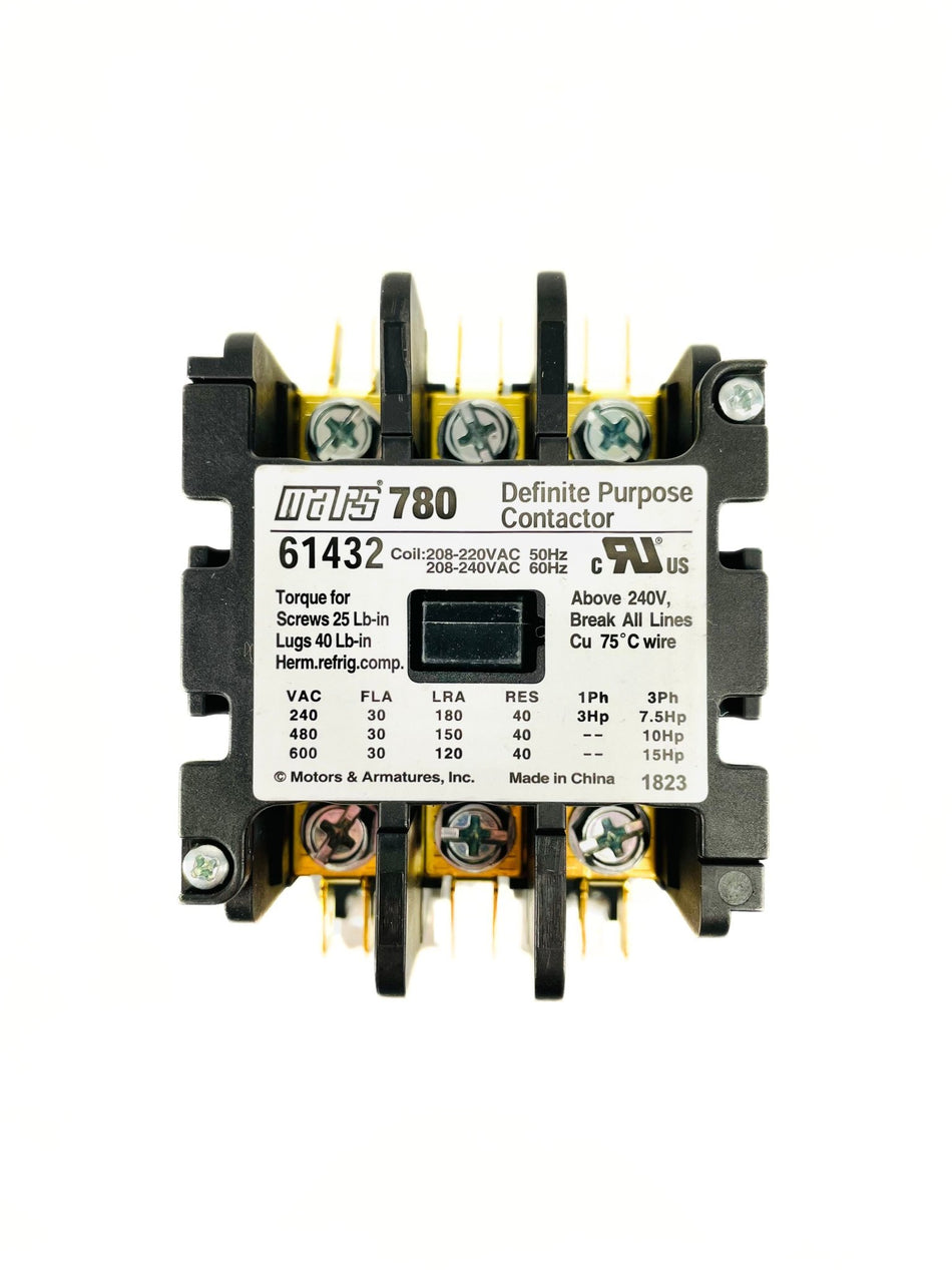 Mars 3 Pole 30 Amp 208-240V Definite Purpose Contactor 61432