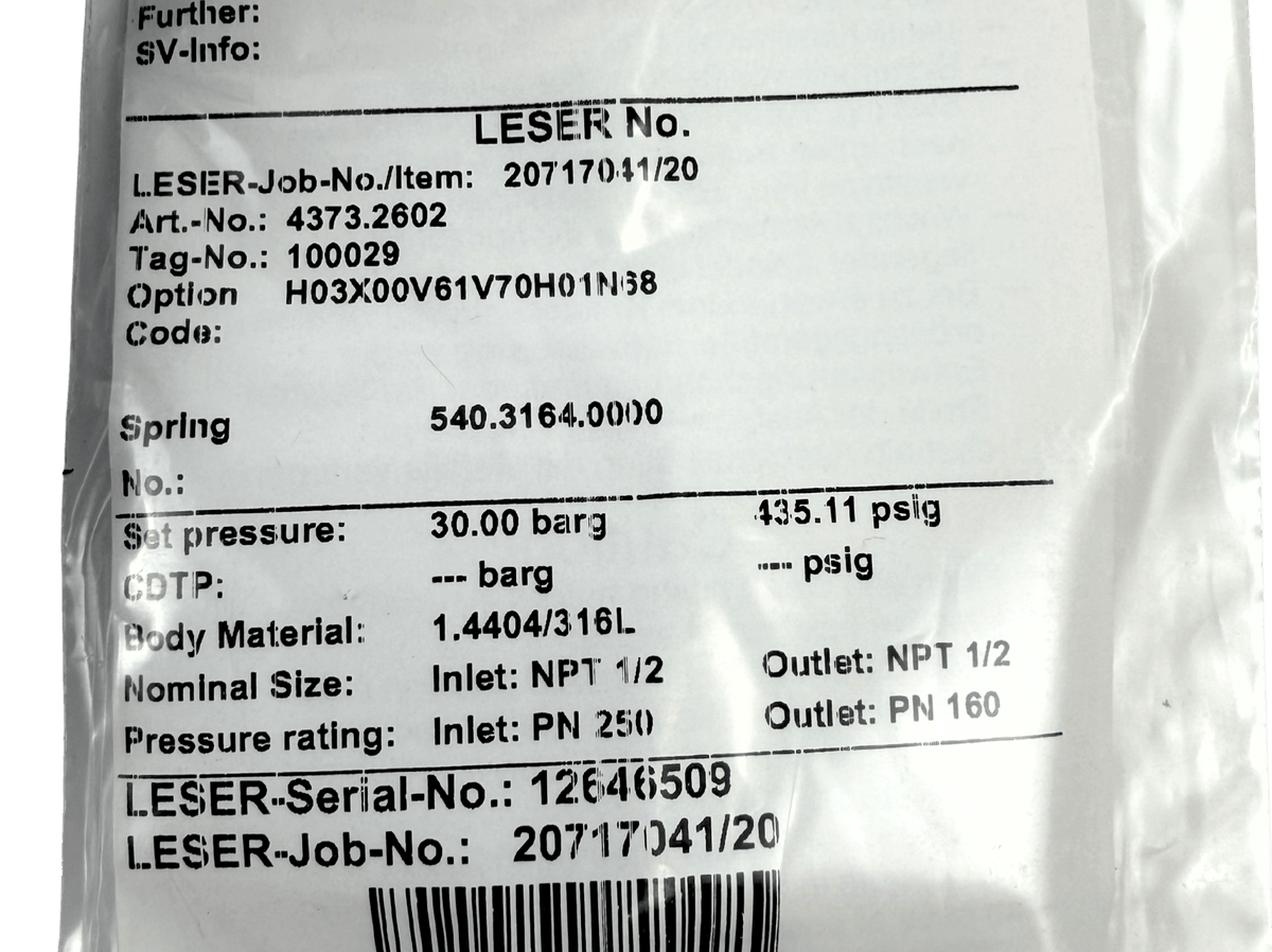 100029 - 30 BAR LESER RELIEF VALVE - Commercial Climate Supply