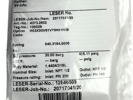 100029 - 30 BAR LESER RELIEF VALVE - Commercial Climate Supply