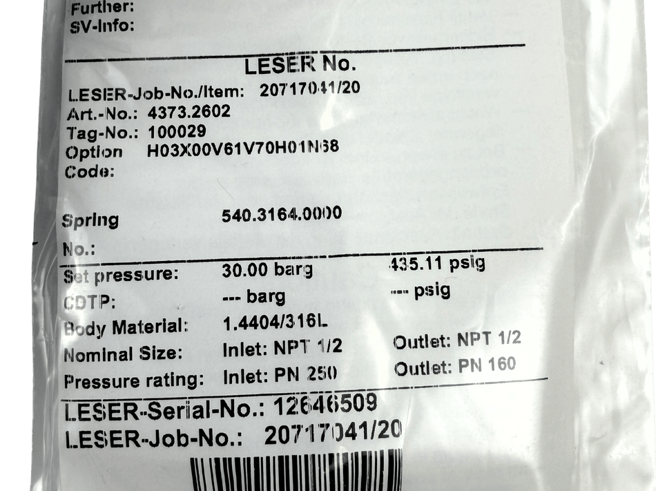 100029 - 30 BAR LESER RELIEF VALVE - Commercial Climate Supply